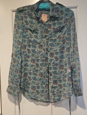 NWT Floral Button-Down Shirt  Teal A Wear Floral Size 8